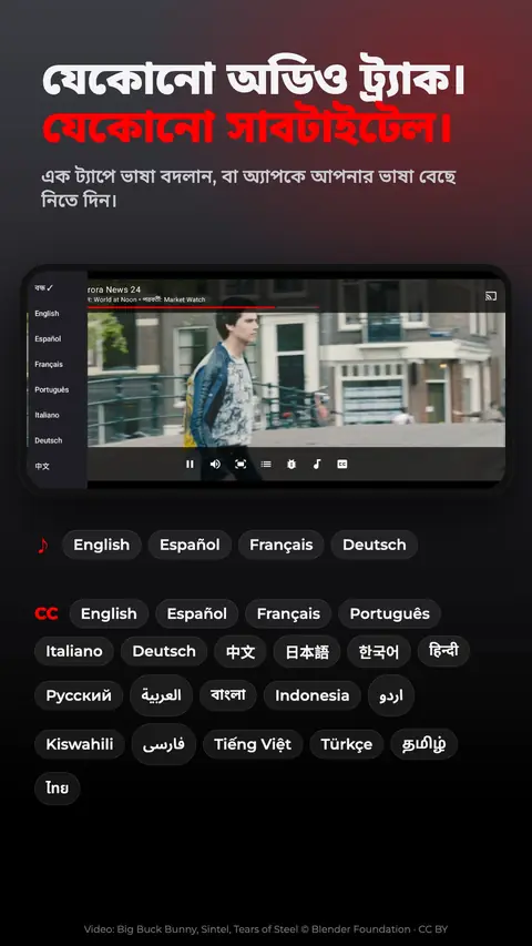 যেকোনো অডিও ট্র্যাক। যেকোনো সাবটাইটেল।